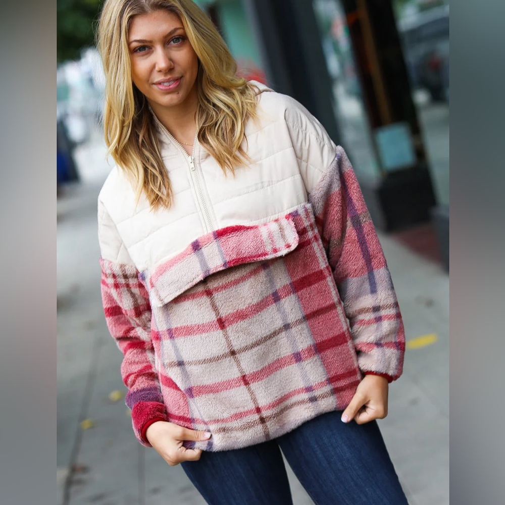 Taupe & Pink Half-Zip Plaid Hooded Sherpa Fleece & Puffer Winter Woman  Pullover - Picture 4 of 16